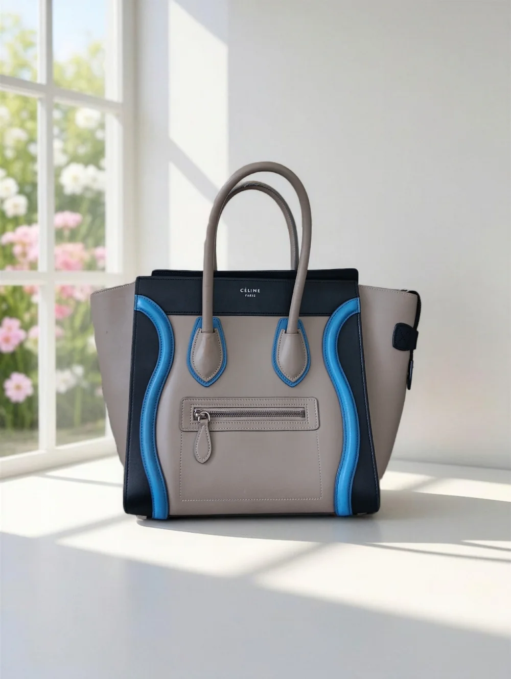 Celine Micro Luggage Tote Tricolor Leather Beige Blue Black Italy ✨ EUC - Picture 3 of 15